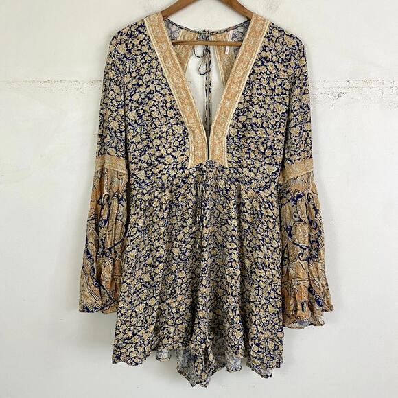 FREE PEOPLE yellow blue boho flare sleeve romper sz M - Picture 2 of 6